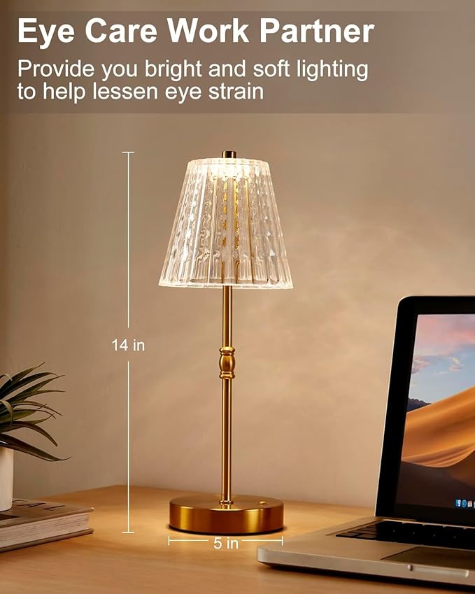 Cordless Table Lamp, 2500mAh Rechargeable Battery Operated Portable Lamp, Dimmable+3 Colors LED Touch Control, Vintage Crystal Lamp for Bedroom, Kitchen, Bar, Office