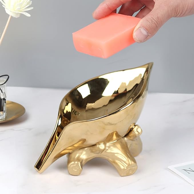 Leaf Soap Dish for Shower,Ceramic Soap Holder with Stump Bathroom Ring Dish Holder for Jewelry Engagament Wedding Birthday Gifts Gold