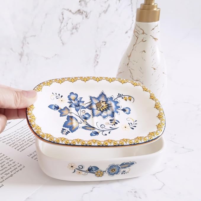 Self Draining Soap Dish, Double-Layer Bar Soap Tray, White Ceramic Soap Dish with Elegant Patterns (Style D)