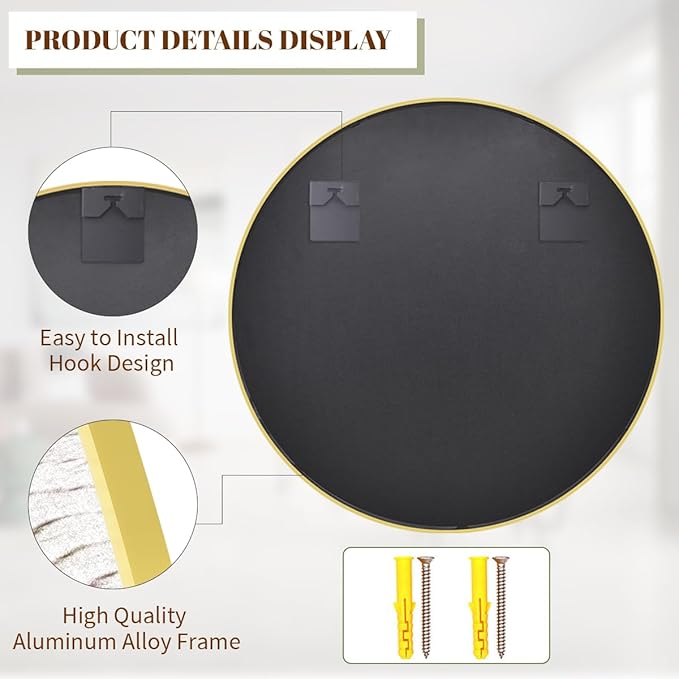 BEAUTYPEAK 42 Inch Round Mirror, Metal Frame Circle Mirror, Wall Mounted for Entryway, Bathroom, Vanity, Living Room, Gold