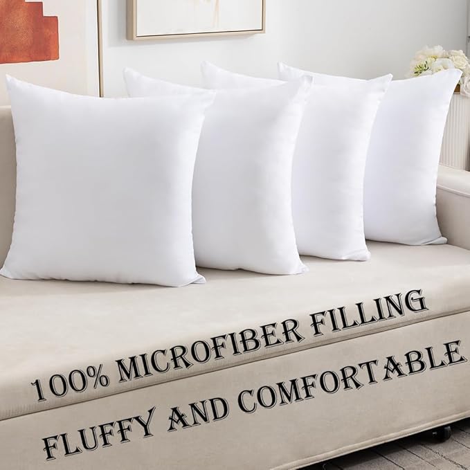 Pack of 4 Throw Pillow Inserts, 18 x 18 Square Cushion Inner Soft Fluffy Plump Stuffer Cushion Pads White Decorative Pillow Inserts (20x20 Inch (Pack of 4))