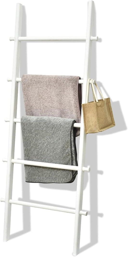 FUIN 57in Wood Blanket Ladder Living Room Decorative Wall Leaning Farmhouse Quilt Display Holder Rustic Wooden Towel Rack for Bathroom, White