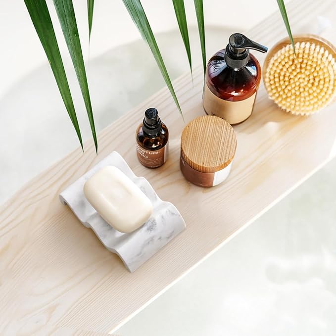 Luxspire Marble Shower Soap Dish - Self-draining Soap Tray, Sponge Holder - White