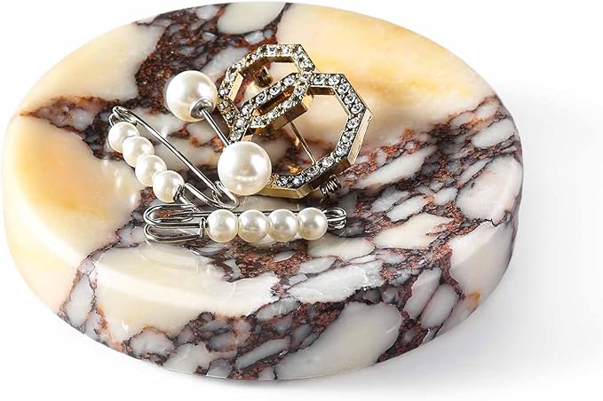 Koville Luxury Italy Calacatta Viola Marble Jewelry Dish, Small Round Trinket Dish for Ring Necklace Earring, 4" Marble Decorative Tray, Aesthetic Home Table Decor