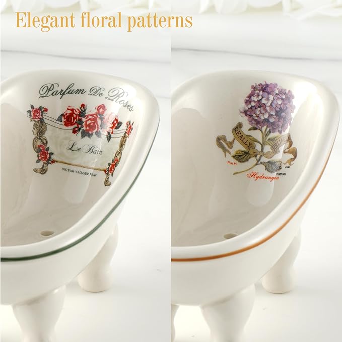 Retro Ceramic Bathroom Soap Dish for Shower - 2PCS - 5.6'' Porcelain Mini Bathtub Self Draining Soap Holder for Home Decor, Vintage Decortative Tray Rack, Outdoor Small Planters Set