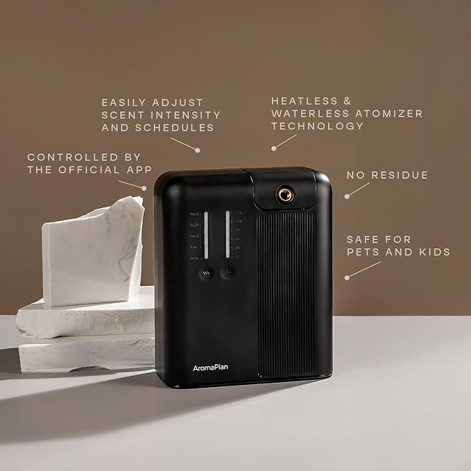 AromaPlan 2025 Waterless HVAC Scent Diffuser Whole House & Commercial Diffuser, 2 Fragrances Included-Smart, Cold-Air Waterless Scent Air- App Control, AC, 2000 Sq. Ft Coverage,Black
