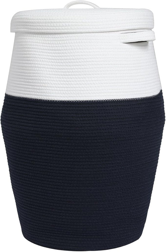 26" x 20" Tall Extra Large Storage Basket with Lid, Cotton Rope Storage Baskets, Woven Laundry Hamper with Cover, for Clothes Blanket in Living Room, Dark Blue/Beige Line