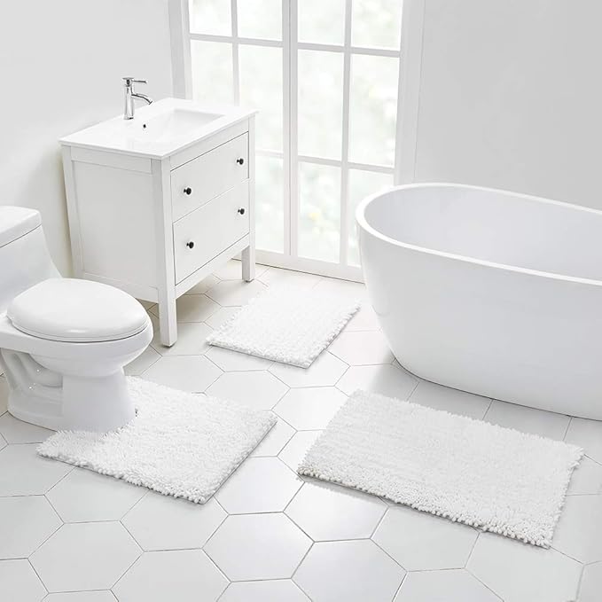 Walensee Bathroom Contour Rug Non Slip Toilet U Shaped Bath Mat (20x24, White) Water Absorbent Super Soft Shaggy Chenille Machine Washable Dry Extra Thick Perfect Absorbant Best Plush Carpet
