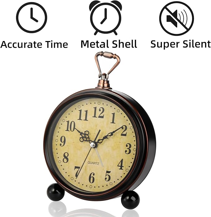 2 Pack Vintage Retro Analog Alarm Clocks, 5.2 Inch Silent Non Ticking Small Table Clock, Battery Operated Desk Clocks for Bedroom, Elegant Bedside Gift Clock for Living Room, Office, Room Decor