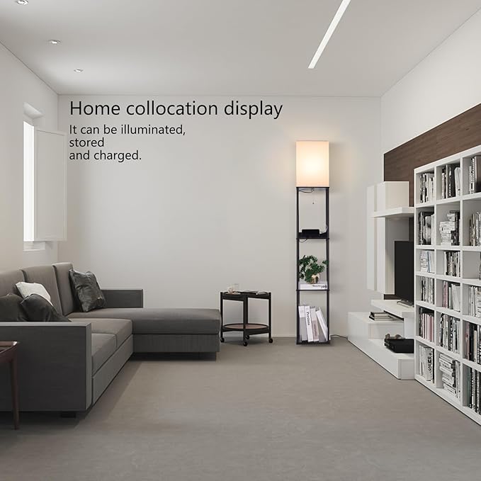 Floor Lamp with Shelves, with 2 USB Ports and Power Outlet Modern Square Standing Lamp with 3 Color Temperature Bulb, Corner Display Bookshelf Lamp for Living Room, Bedroom and Office (black-9DY)