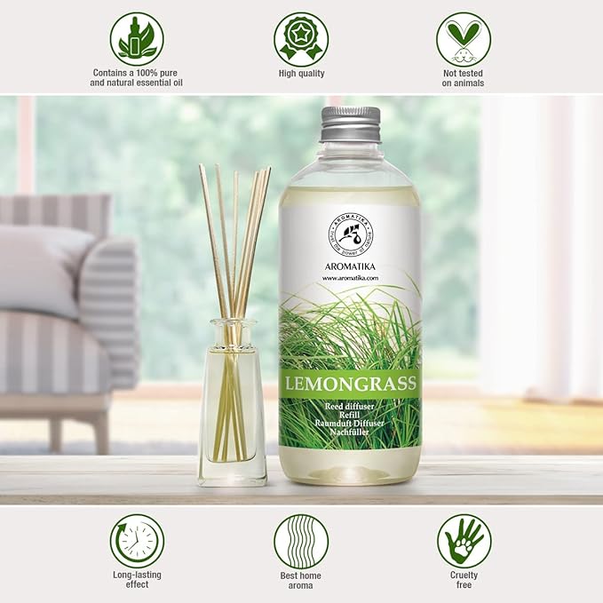 Lemongrass Diffuser Refill 34 Fl Oz (2x17 Fl Oz) - Fresh & Long Lasting Fragrance - Refill with Natural Essential Lemongrass Oil - for Aromatherapy - Spa - Home - Reed Diffuser Oil Refill Lemongrass