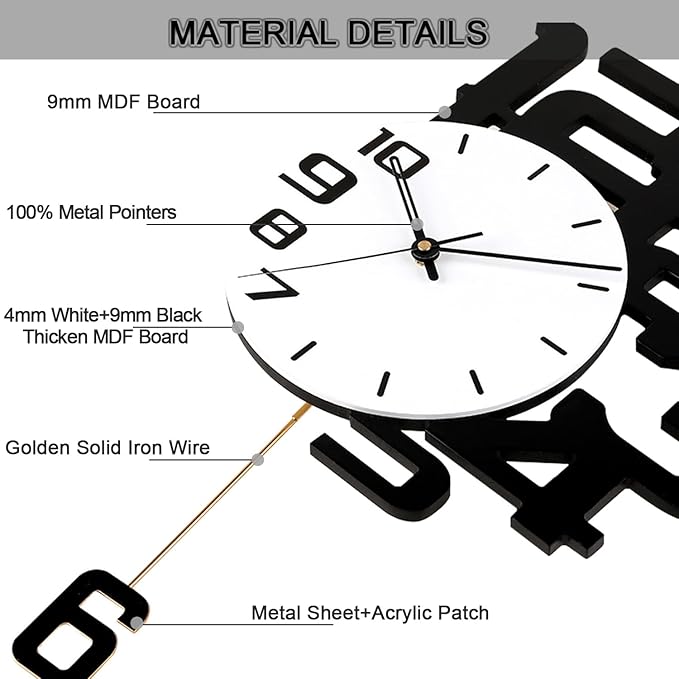 Decorative Wall Clocks with Pendulum, Battery Operated Silent Non-Ticking, Large Wall Clock for Living Room Bedroom Office Kitchen Home Decor,13x20inch