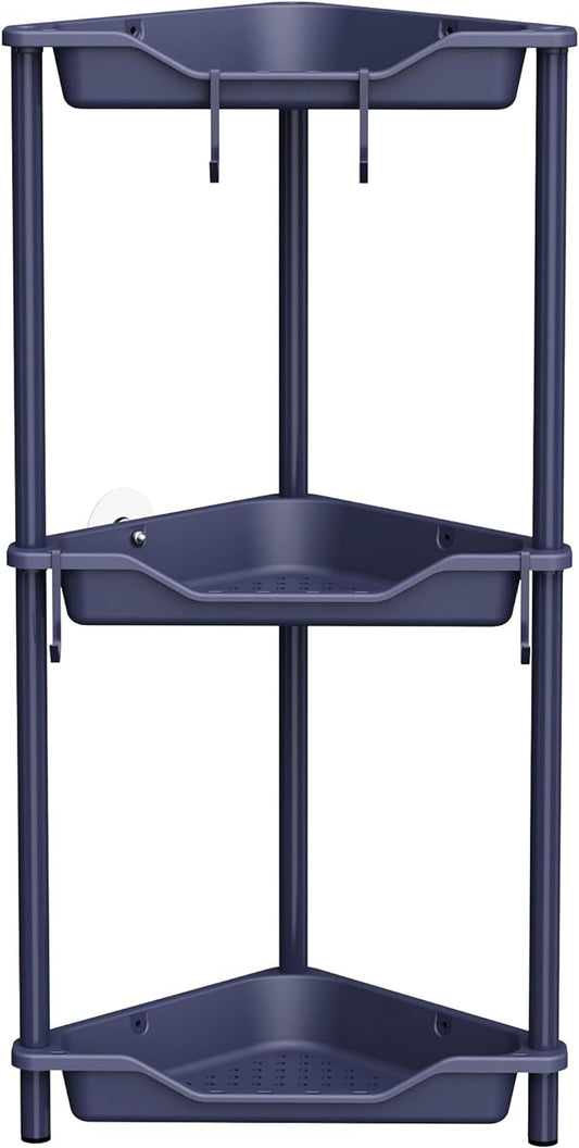 Orimade Rustproof 3 Tier Floor Standing Corner Shower Caddy Organizer, Plastic Metal Splicing Floor Corner Shelf Rack Stands for Bathroom, Bluish-Purple