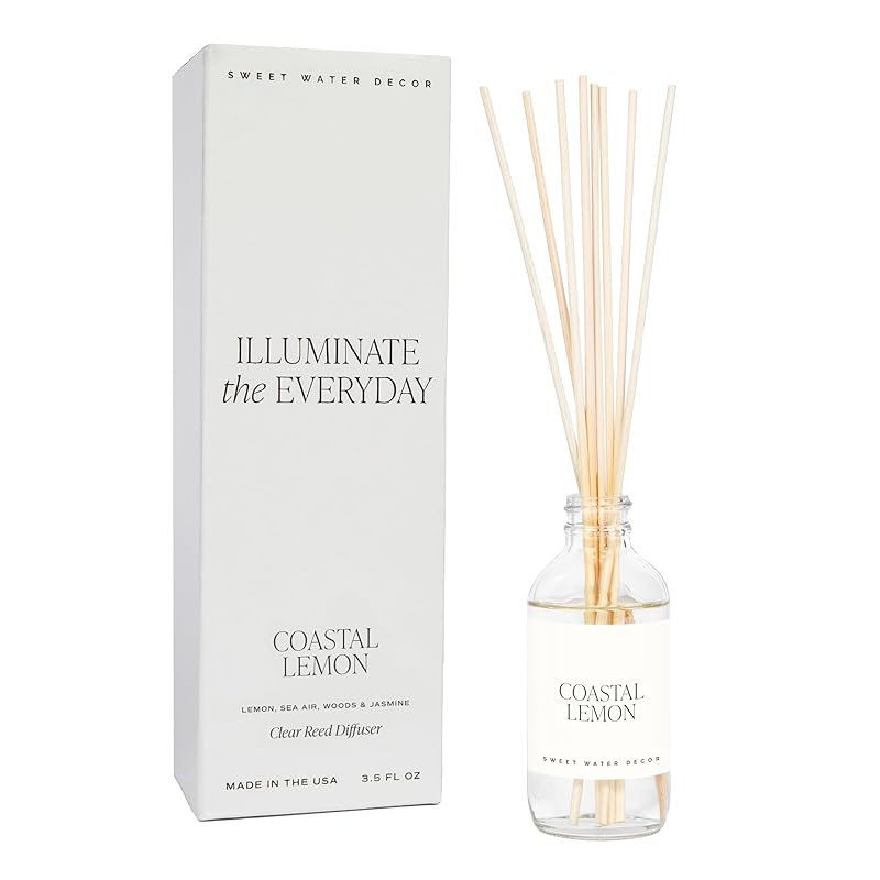 Sweet Water Decor Coastal Lemon Clear Reed Diffuser – Room Decor Aesthetic with Long-Lasting Premium Fragrance of Lemon, Sea Salt, Jasmine & Driftwood for 4 Months – Ideal for Home Décor
