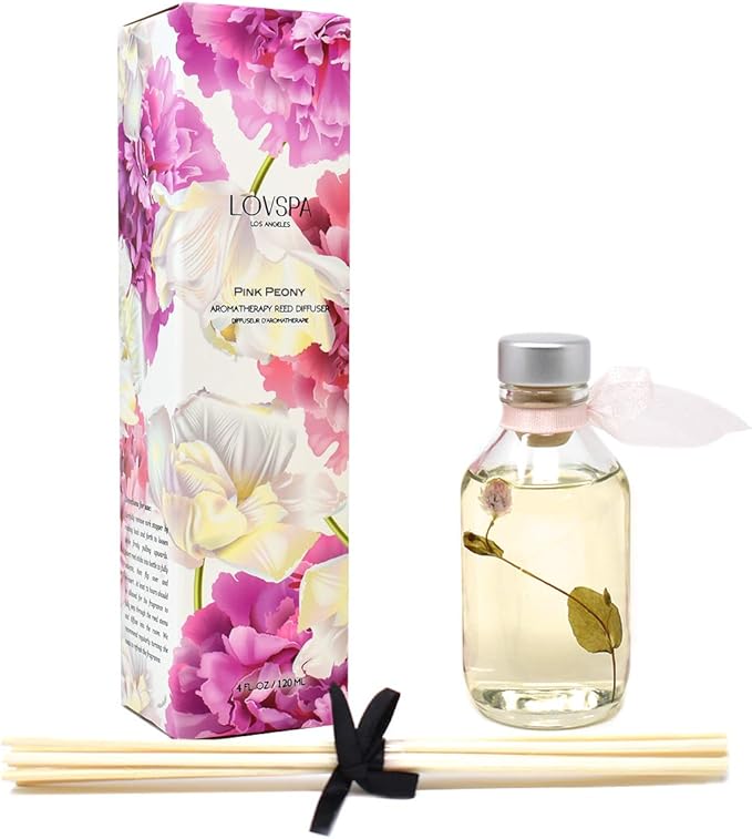 LOVSPA Pink Peony Reed Diffuser Scented Stick Gift Set with Essential Oils and Real Flower Petals in The Bottle, Made in The USA