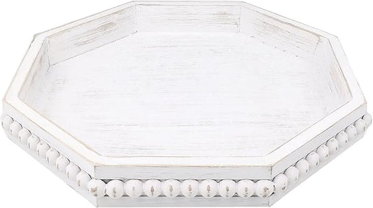 Whitewashed Octagonal Wood Decorative Tray, Small Farmhouse Wooden Serving Tray with Beads, Versatile Shabby Chic Coffee Table Tray for Kitchen Counter, Ottoman, Living Room