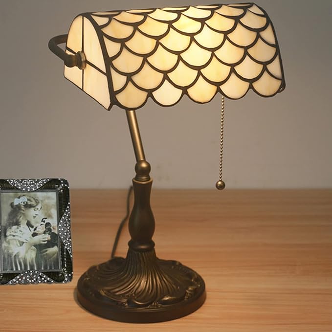 Tiffany Style Bankers Table Lamp Stained Glass Piano Desk Lamp Vintage Bedroom Bedside Lamp for Study,Antique Alloy Base,Zipper Switch,Green d