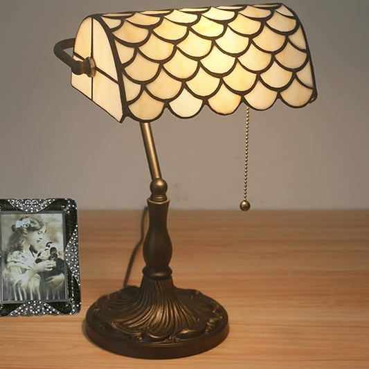 Tiffany Style Bankers Table Lamp Stained Glass Piano Desk Lamp Vintage Bedroom Bedside Lamp for Study,Antique Alloy Base,Zipper Switch,Green d