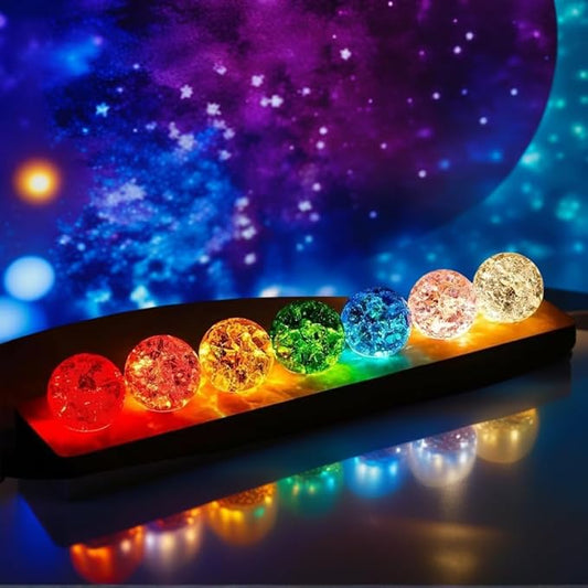 40mm 7 Colors Ice Cracked Glass Crystal Chakra Balls with LED Wooden Base Decorative Ornaments for Home Living Room, Night Sphere as Night Light Decoration and Healing Sphere