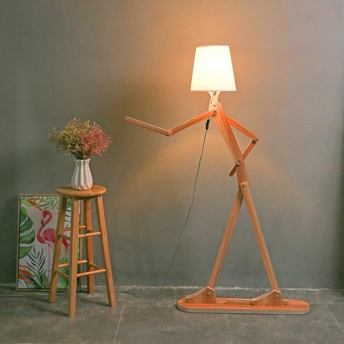 Cool Tall Floor Lamp for Living Room Bedroom Farmhouse - Corner Decorative Reading Standing Light Wood Creative Swing Arm Arc Design Gift for Kids/Boys/Girls Bedside - with LED Bulb (Ash)