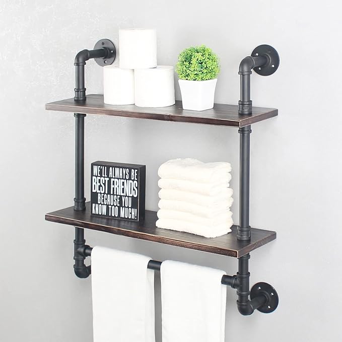 Pipe Shelving,Iron Pipe Shelves Industrial Bathroom Shelves with Towel bar,24in Rustic Metal Pipe Floating Shelves Pipe Wall Shelf,2 Tier Industrial Shelf Wall Mounted,Retro Black