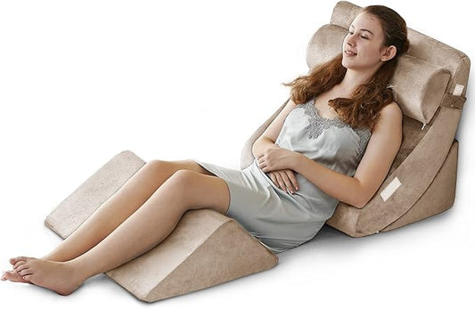 Ganaver 4 Pcs Orthopedic Bed Wedge Pillow Set – Post Surgery, Relaxing, Back & Adjustable Head Support Cushion – Triangle Memory Foam Pillow for Acid Reflux, Sleeping, Reading (Light Brown)