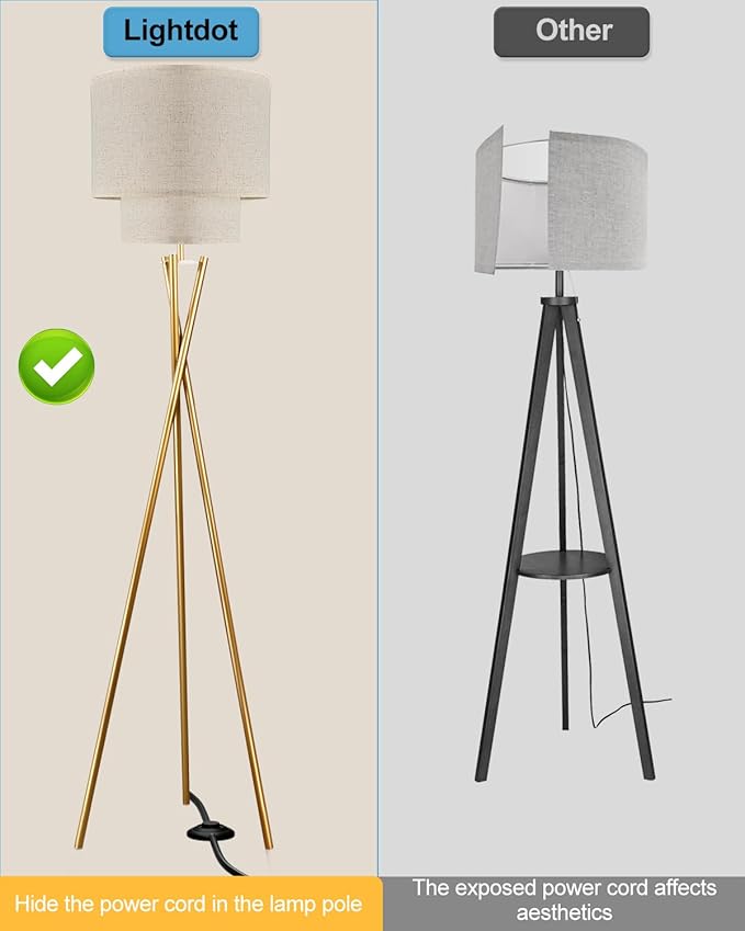 Lightdot Glod Tripod Floor Lamp, Modern Floor Lamps for Living Room, Standing Lamp with Double Linen Shade, E26 Bulb Included, 67.7" Tall Floor Lamp for Bedroom, Home Office