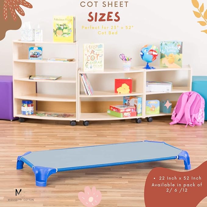 Pack of 12 Cot Sheet for Daycare Preschool Cot Bed -Polyblend Fabric with Corner Elastic Cots Sheets Fits On 22" X 52" Inches Size Toddler and Preschool Daycare Cot Light Blue 22 X 52 Size