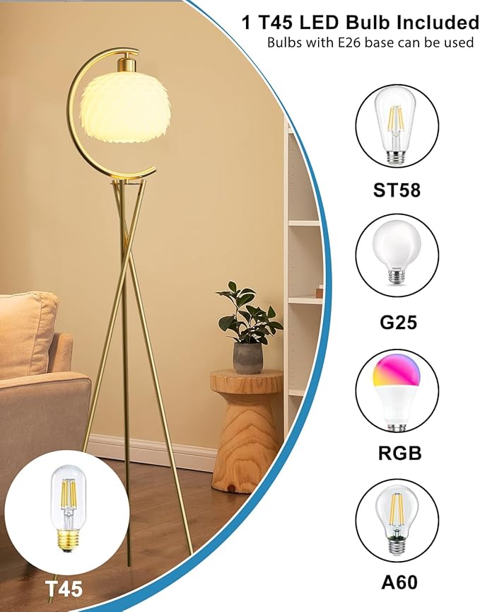 Modern Floor Lamp with Arc Imitation Feather Lampshade, Gold Metal Standing Lamp with Bulb Included, Vintage Tall Reading Light for Living Room, Bedroom,Office