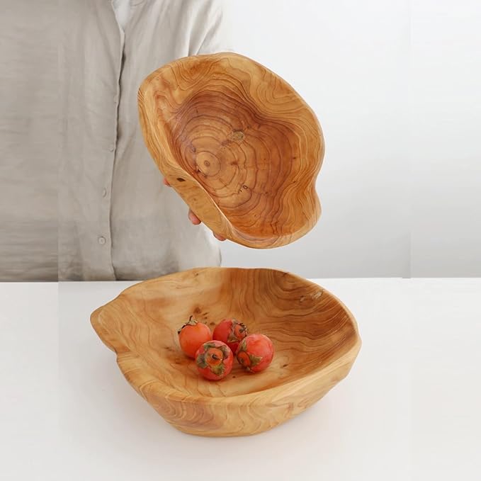 Wooden Decorative Natural Wood Fruit Bowl - Irregular Creative Rustic Hand Carved Serving Bowl for Candy, Snacks, Keys, Home Decor (14"-16" Diameter)