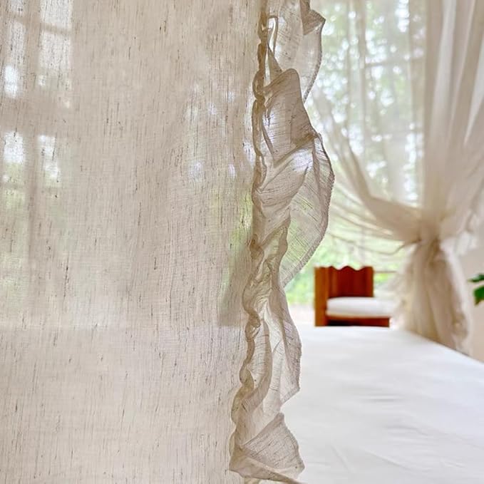 Elegant Modern Linen Princess 4 Corner Post Mosquito Net Romantic for Girls Women Bed Curtain Canopy for Adult Wedding Bedroom Kids Rooms Decoration (White-Beige, California King)