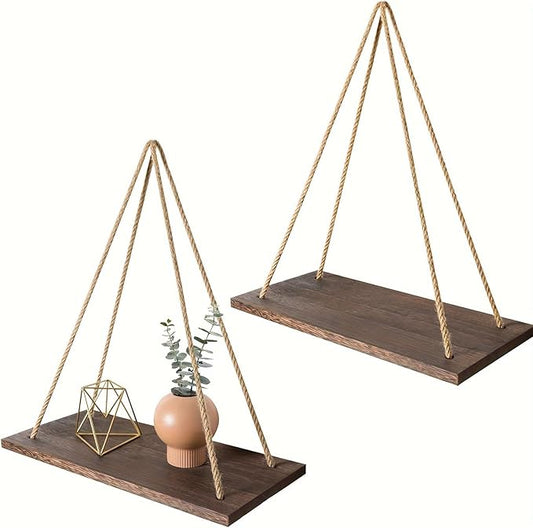 Boho Decor Hanging Shelf, Storage Display Shelves for Hanging Plants Photos, Rustic Wood Floating Shelves for Nursery Bedroom Bathroom Living Room, Wall Decor (Brown)