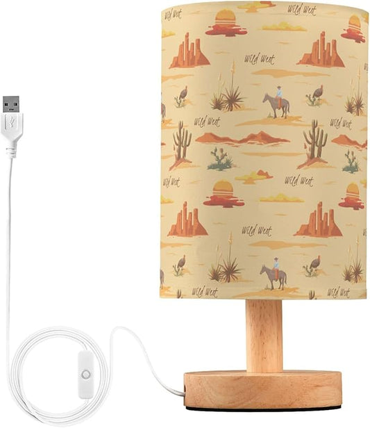 Table Lamp Vintage Sunset Desert Pattern Cactus Mountain Cowboy Horse Turkey Nightstand Lamp with Wood Base Fabric Lamp Shade Bedside Desk Lamp for Living Room Bedroom Kids Room Office