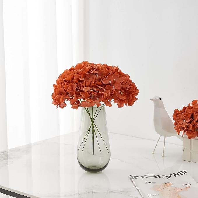 Rust Orange Artificial Hydrangea Flower Heads Hydrangea Silk Flowers with Stems for Wedding Centerpieces Bouquets DIY Floral Decor Home Decoration,Pack of 10pcs