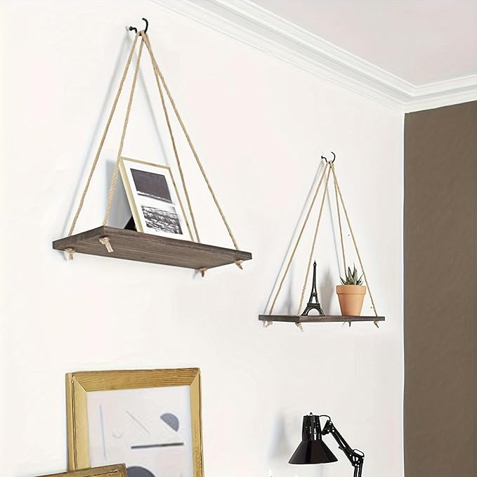Boho Decor Hanging Shelf, Storage Display Shelves for Hanging Plants Photos, Rustic Wood Floating Shelves for Nursery Bedroom Bathroom Living Room, Wall Decor (Brown)