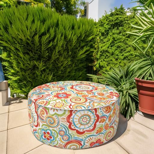 LVTXIII Indoor/Outdoor Inflatable Ottoman, All Weather Round Footrest Stool D21”x H9”, Portable for Patio Garden Camping or Home-Flower Multi