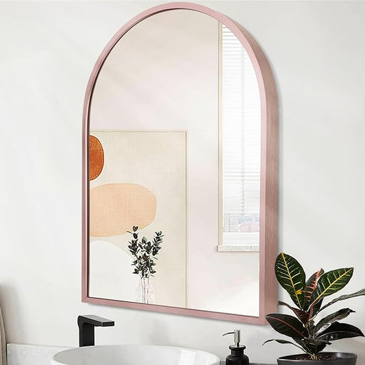 Arch Bathroom Mirror, Brushed Metal Framed Wall Mounted Mirror, Aluminum Alloy Vanity Wall Mirror for Bedroom, Entryway, Living Room Entryway Home Decor 16"x12" Rose Gold