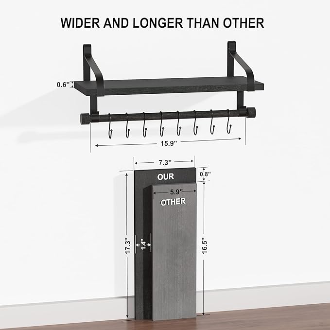 Love-KANKEI Floating Shelves for Coffee Bar,Bathroom Shelves with Towel Bar, Wall Shelves with 8 Hooks for Kitchen, Storage Shelf Set of 2 for Bedroom,Living Room，17.3 Inch Black