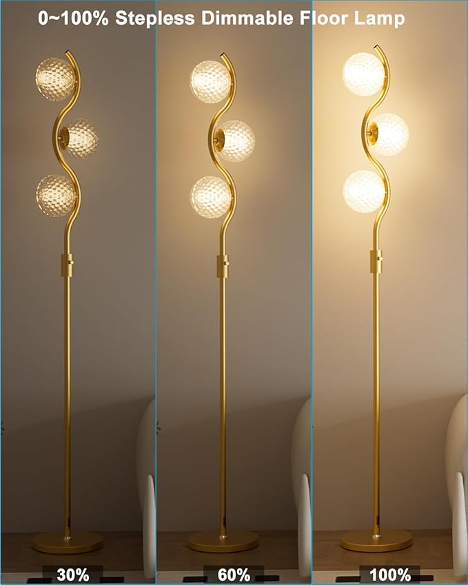 60IN Dimmable Gold Standing Lamps, Ice Crystal Modern Floor Lamp with 3000K G9 Bulbs Included, Mid Century Vintage Globe Floor Lamp