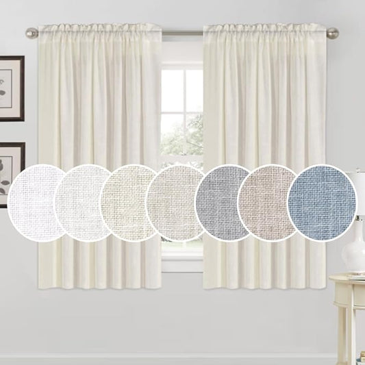 PrinceDeco Linen Curtains 63 inches Long for Bedroom Rod Pocket Curtains Modern Farmhouse Coastal Decor Elegant & Casual Curtains for Dining Room Office, 2 Panel Set,Ivory
