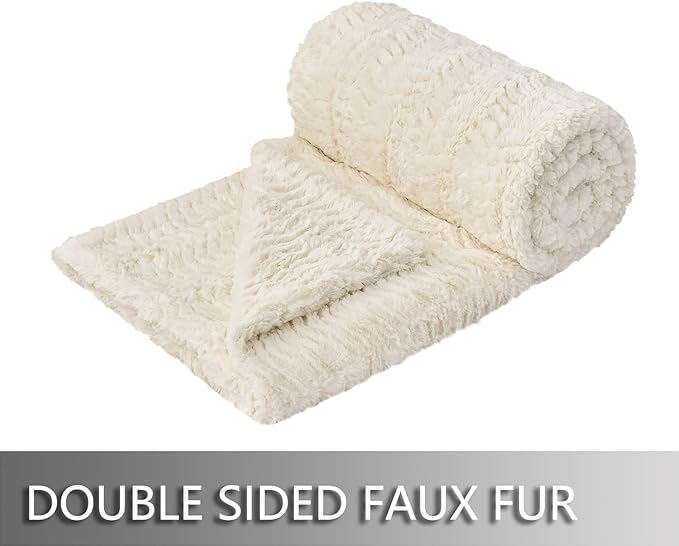 YUSOKI Luxury Faux Fur Throw Blanket(Without Pillows) 2 Layers,3lb,All Ages,Home Decoration, (Ivory,50" x 63")