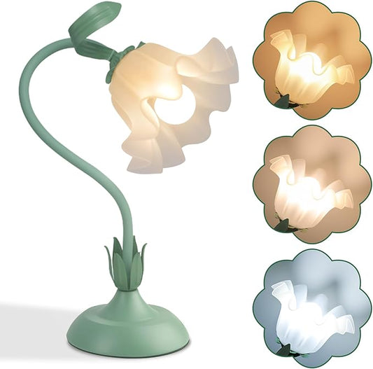 Flower Desk Lamp,LED Reading Light Bedside Vintage Flower Night Light,3 Colors Modes Cute Bedside Lamps Decor,Living Room Bedroom Room Kawaii Lighting Table Lamps Home Decoration (Green)