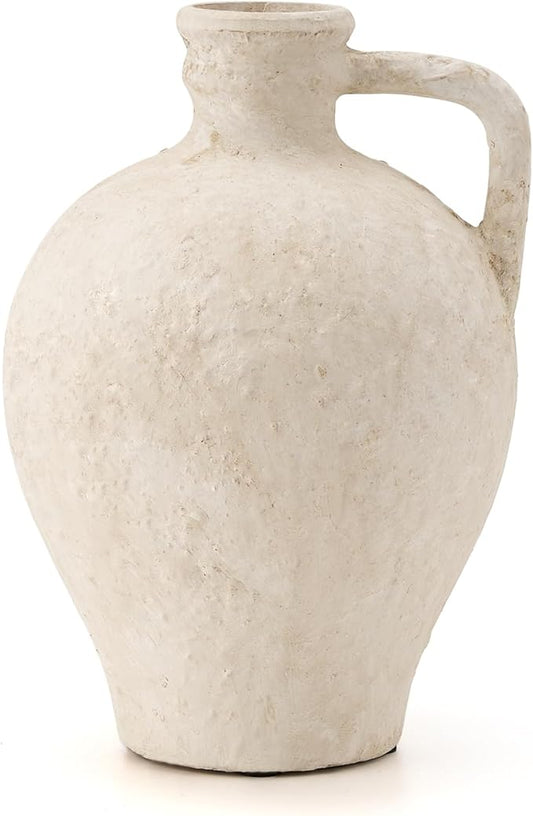 LUKA Ceramic Rustic Farmhouse Vase,8.25 inch Terracotta Vase with Handle,Neutral Clay Pot Vases Decorative Vase for Living Room,Table,Shelf Decor(Off-White,M)