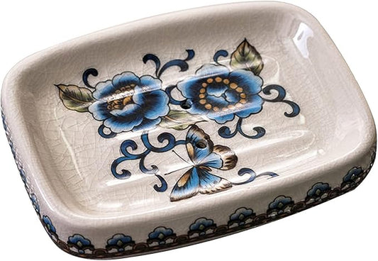 Ceramic Soap Dish Creative Ice Crack Ceramic Blue Butterfly and Flower Pattern Soap Dish Holder for Bathroom and Shower Soap Tray Box with Drain Gift for Mum Family