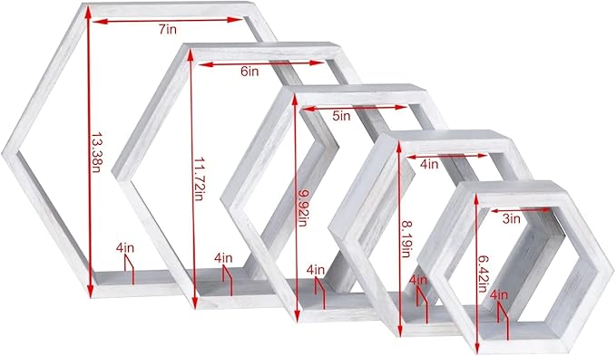 PHOENANCEE Hexagon Floating Shelves,Wall Mounted Wood Farmhouse Storage Honeycomb Wall Shelf Set of 5,for Bathroom, Kitchen, Bedroom, Living Room,Office,Driftwood Finish (Weathered White)