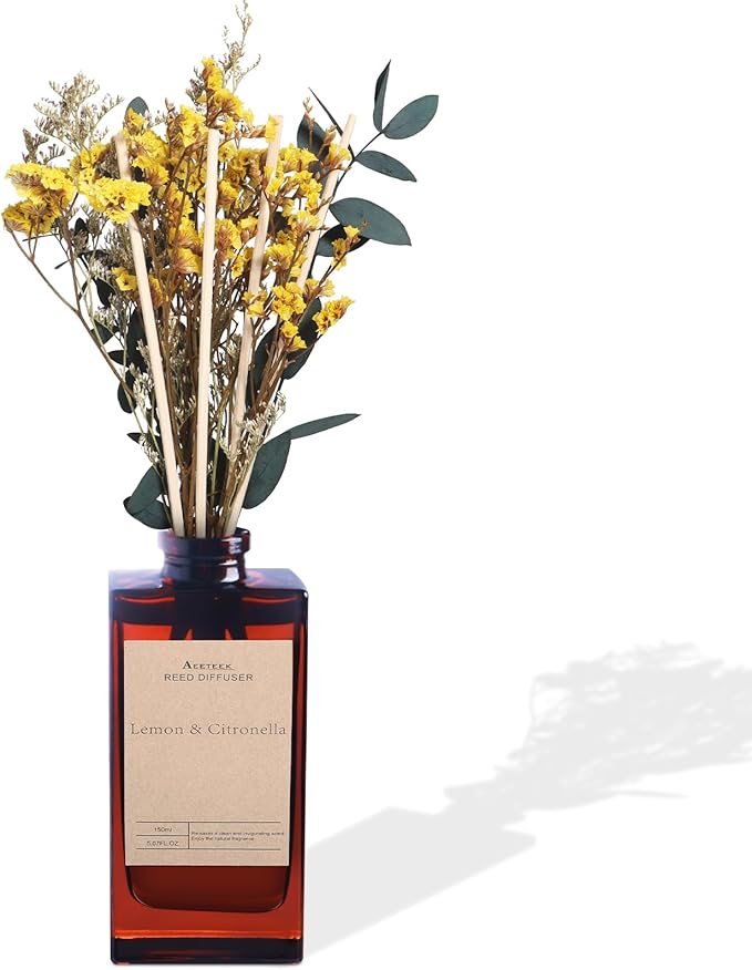 Reed Diffuser Set - Lemon Citronella Essential Oil, 5 oz/150ml Lemon Aroma Scent Oils Air Freshener with Flower Decoration and Diffuser Sticks, Home Fragrance for Room Bathroom Decor