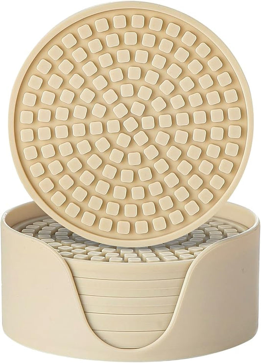 Colinda Silicone Drink Coasters with Holder, Set of 6, for Tabletop Protection and Office Desk, Cup Mat Set for Home Decor, Non-Slip and Non-Stick,Round, 4 Inch,Beige