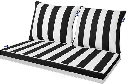 Outdoor Loveseat Cushion Set 48'' x 24'', Outdoor Cushions for Patio Furniture with Fastness Cover, Water Repellent Outdoor Seat Cushion and Couch Back Cushions for Bench, and Swing (Black Stripes)