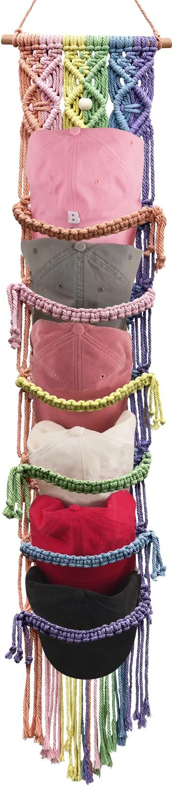 Macrame Cap Holder Boho Hat Hangers Over Door Decorative Bohemian Handmade Ball Cap Rack Organizer Colorful Woven Wall Hanging for Baseball Cap Display Decorations (Rainbow, Up to 12 Caps)