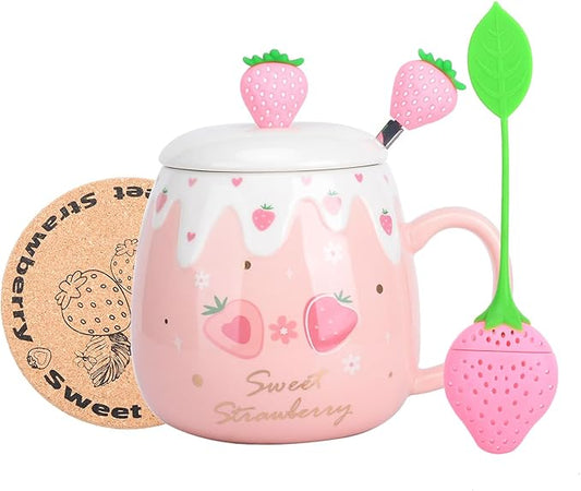 Pink Mug,Cute Strawberry Cup with Lid,Spoon and Coaster,Ceramic Coffee Mug, Kawaii Cup for Tea Milk,Women Girls Student Korean Style 450ML Christmas Birthday Gift